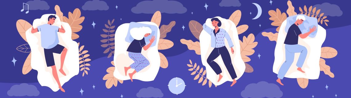 Healthy sleep poses composition with night symbols flat vector illustration